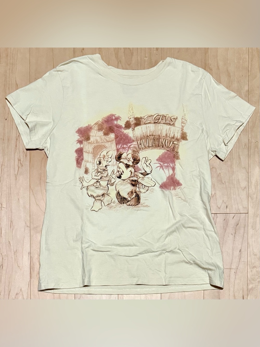 Disney Tiki Kingdom Short Sleeve T-Shirt Beige Minnie Mouse Daisy Duck Women’s L